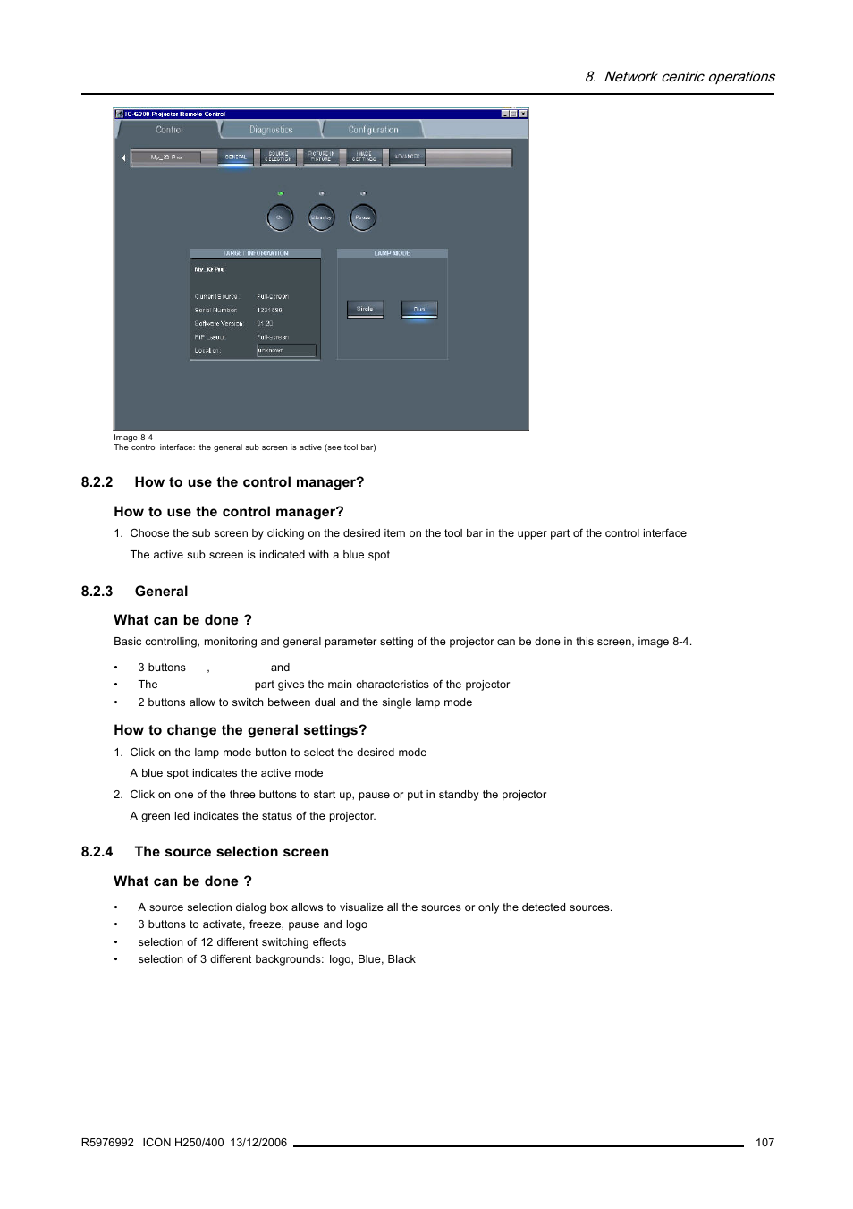 2 how to use the control manager, 3 general, 4 the source selection screen | How to use the control manager, General, The source selection screen | Barco ICON H250/400 R9010510 User Manual | Page 113 / 154