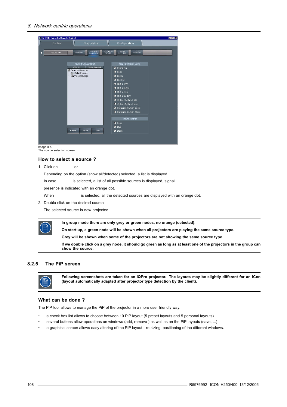 5 the pip screen, The pip screen, Network centric operations | Barco ICON H250/400 R9010510 User Manual | Page 114 / 154