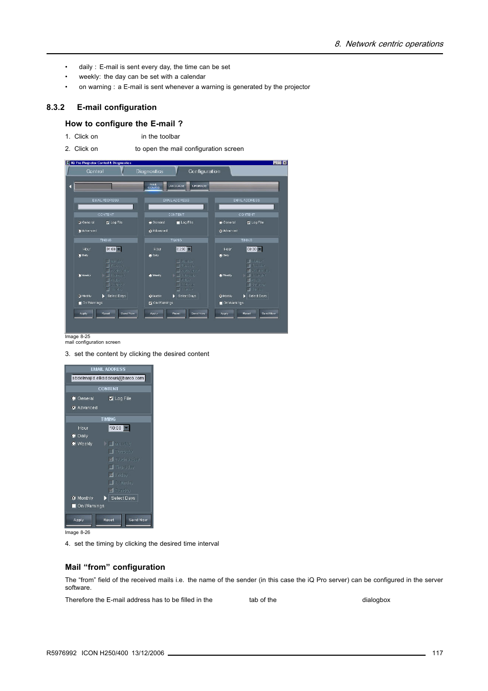 2 e-mail configuration, E-mail configuration, Network centric operations | Barco ICON H250/400 R9010510 User Manual | Page 123 / 154