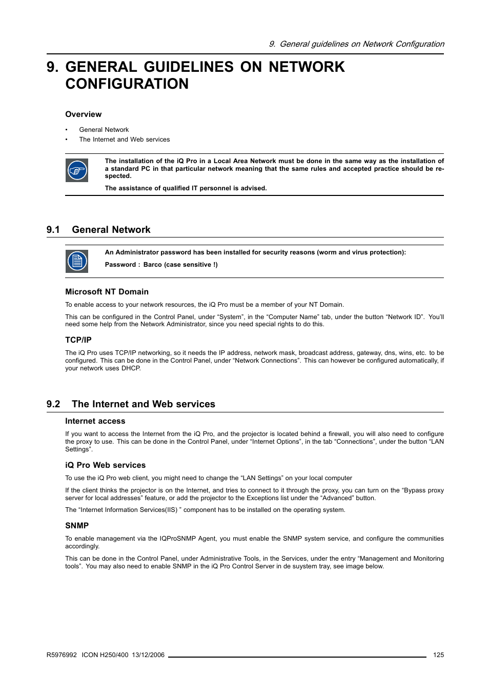 General guidelines on network configuration, 1 general network, 2 the internet and web services | General network, The internet and web services | Barco ICON H250/400 R9010510 User Manual | Page 131 / 154