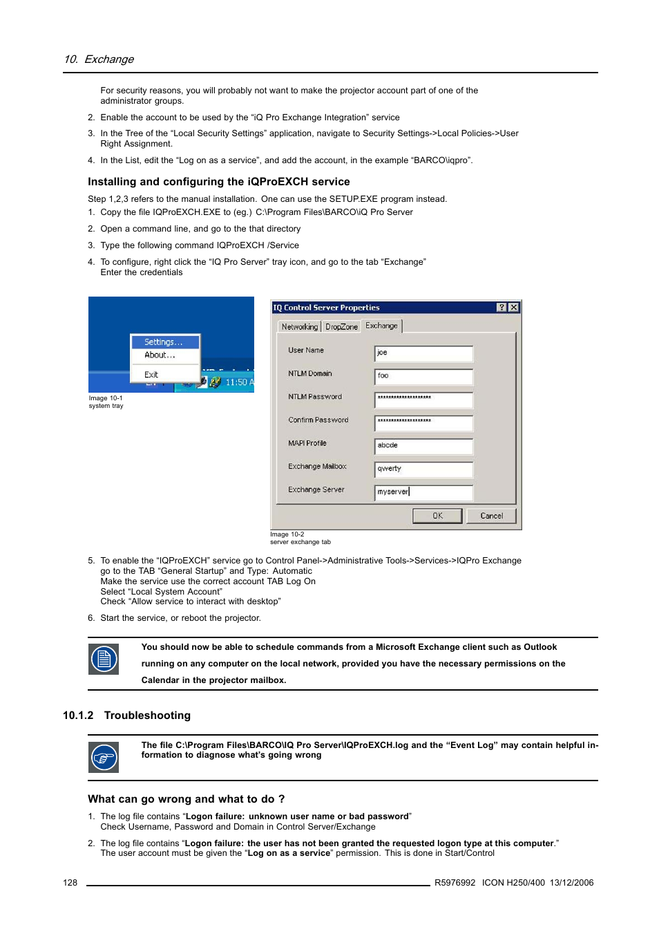 2 troubleshooting, Exchange | Barco ICON H250/400 R9010510 User Manual | Page 134 / 154