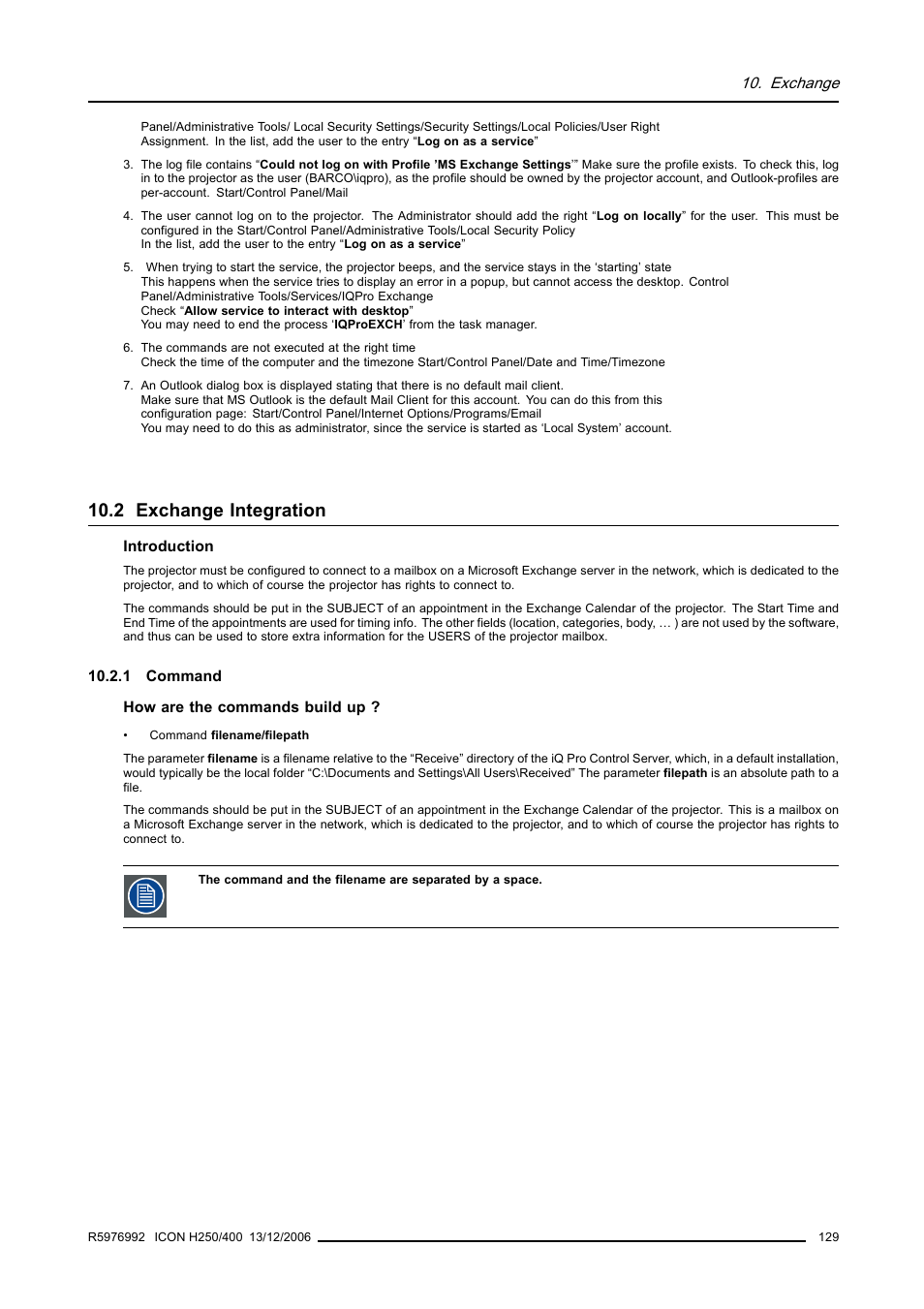 2 exchange integration, 1 command | Barco ICON H250/400 R9010510 User Manual | Page 135 / 154