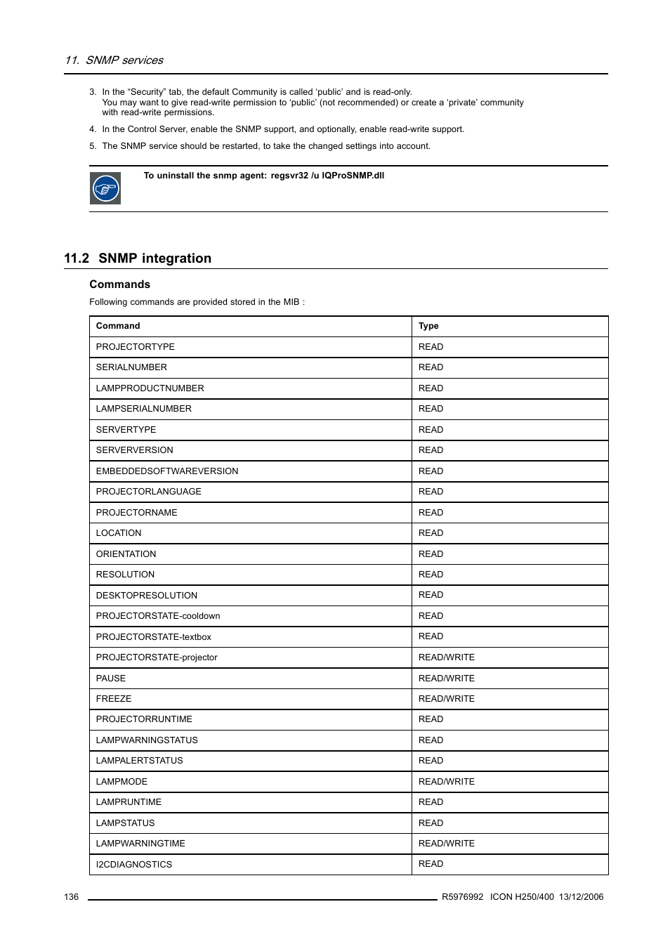 2 snmp integration, Snmp services | Barco ICON H250/400 R9010510 User Manual | Page 142 / 154