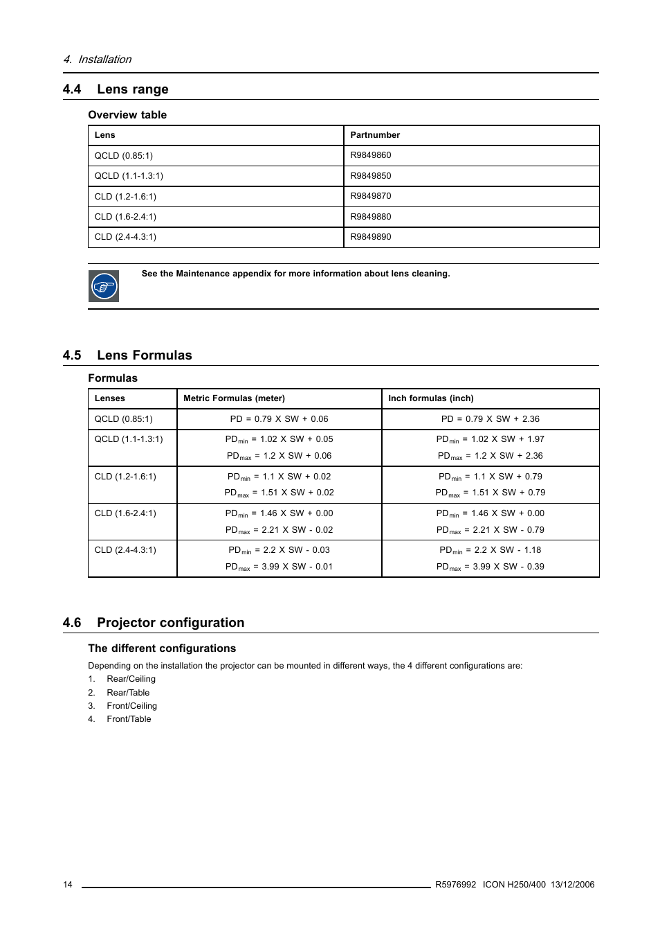4 lens range, 5 lens formulas, 6 projector configuration | Lens range, Lens formulas, Projector configuration, Installation | Barco ICON H250/400 R9010510 User Manual | Page 20 / 154