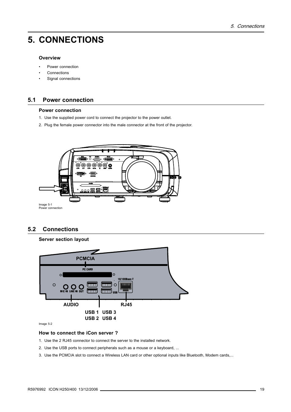 Connections, 1 power connection, 2 connections | Power connection | Barco ICON H250/400 R9010510 User Manual | Page 25 / 154