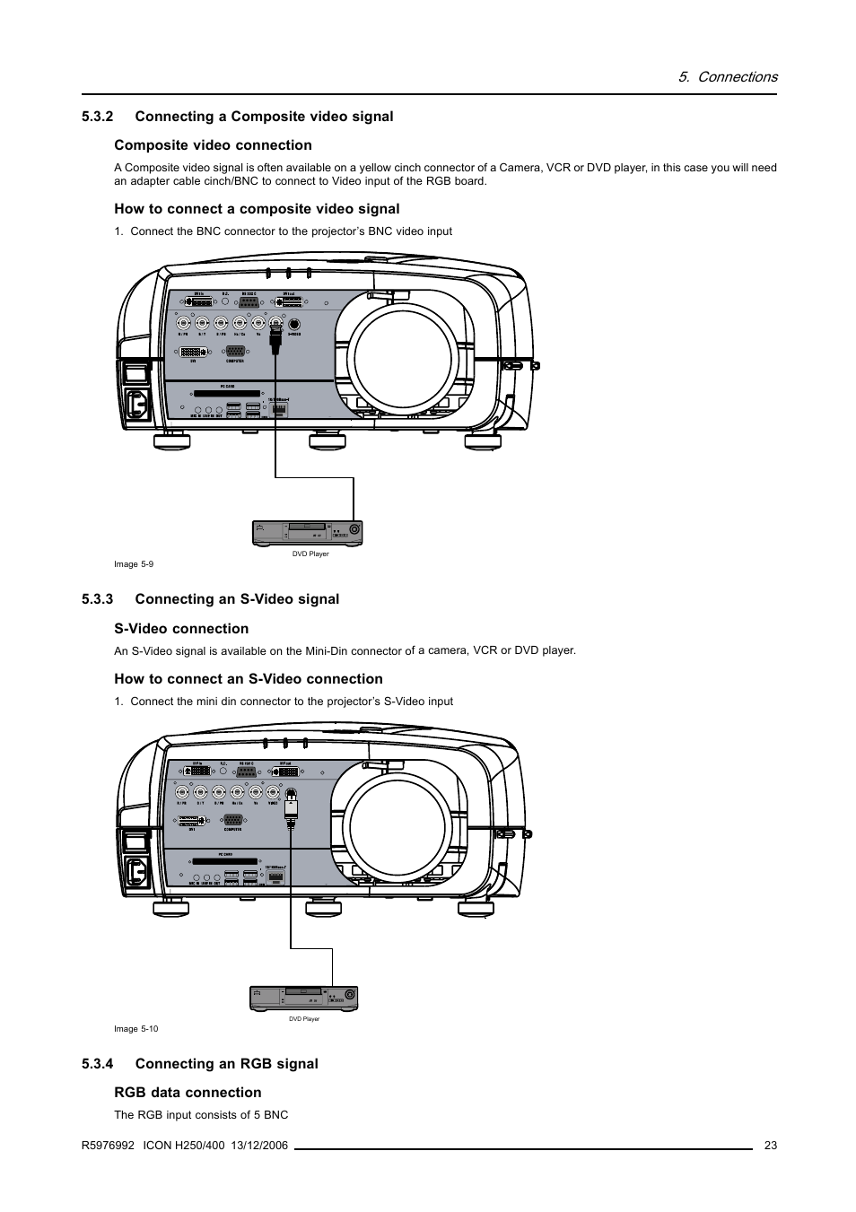 2 connecting a composite video signal, 3 connecting an s-video signal, 4 connecting an rgb signal | Connecting a composite video signal, Connecting an s-video signal, Connecting an rgb signal | Barco ICON H250/400 R9010510 User Manual | Page 29 / 154