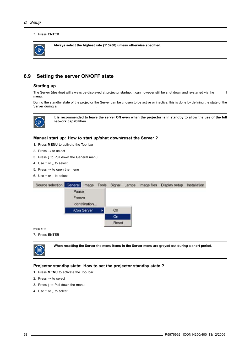 9 setting the server on/off state, Setting the server on/off state | Barco ICON H250/400 R9010510 User Manual | Page 44 / 154