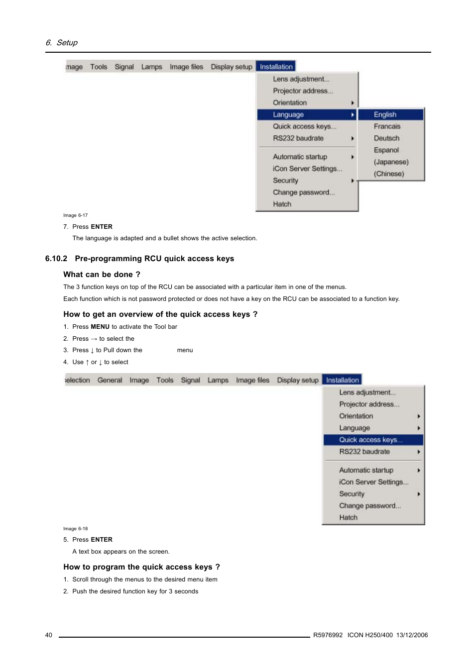 2 pre-programming rcu quick access keys, Pre-programming rcu quick access keys, Setup | Barco ICON H250/400 R9010510 User Manual | Page 46 / 154