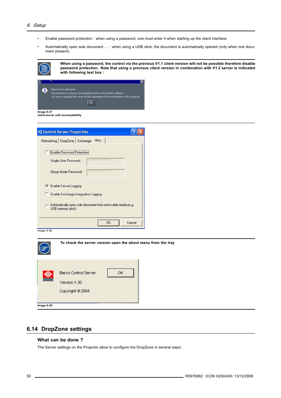 14 dropzone settings, Dropzone settings, Setup | Barco ICON H250/400 R9010510 User Manual | Page 56 / 154