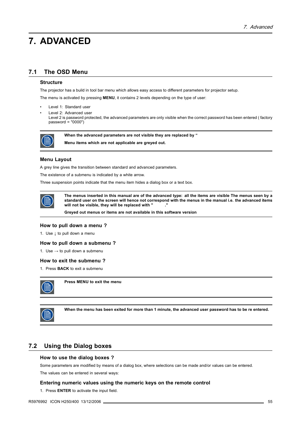 Advanced, 1 the osd menu, 2 using the dialog boxes | The osd menu, Using the dialog boxes | Barco ICON H250/400 R9010510 User Manual | Page 61 / 154