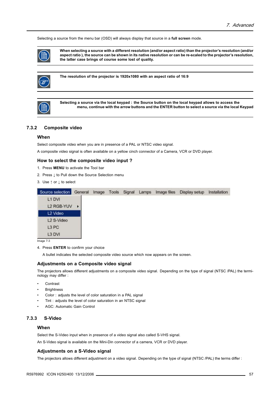 2 composite video, 3 s-video, Composite video | S-video | Barco ICON H250/400 R9010510 User Manual | Page 63 / 154