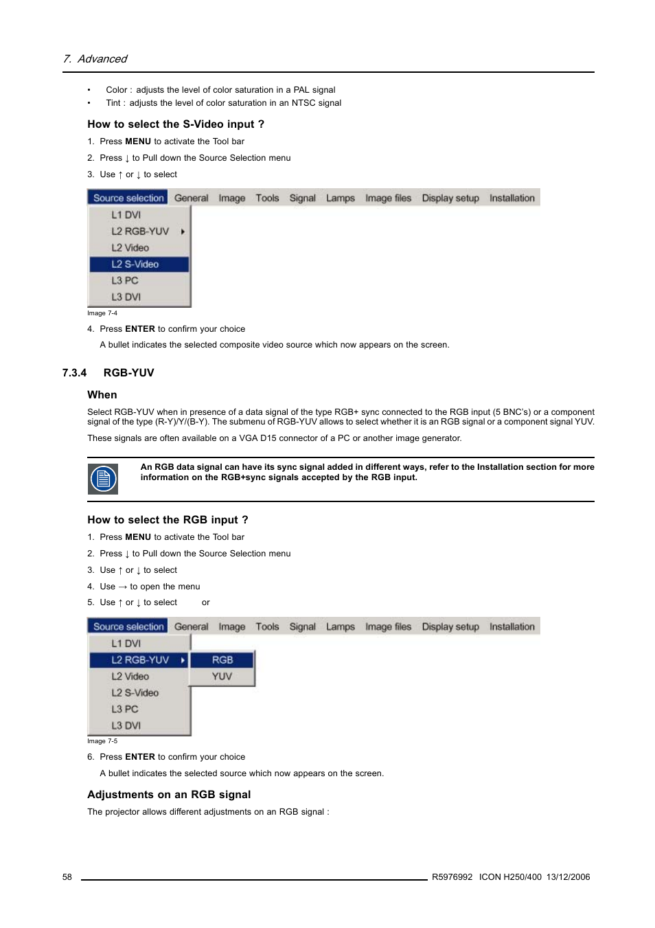 4 rgb-yuv, Rgb-yuv, Advanced | Barco ICON H250/400 R9010510 User Manual | Page 64 / 154