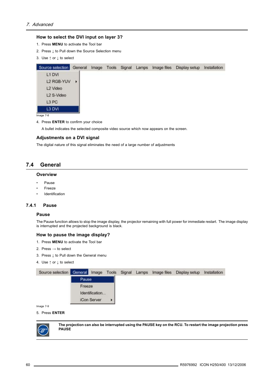 4 general, 1 pause, General | Pause | Barco ICON H250/400 R9010510 User Manual | Page 66 / 154