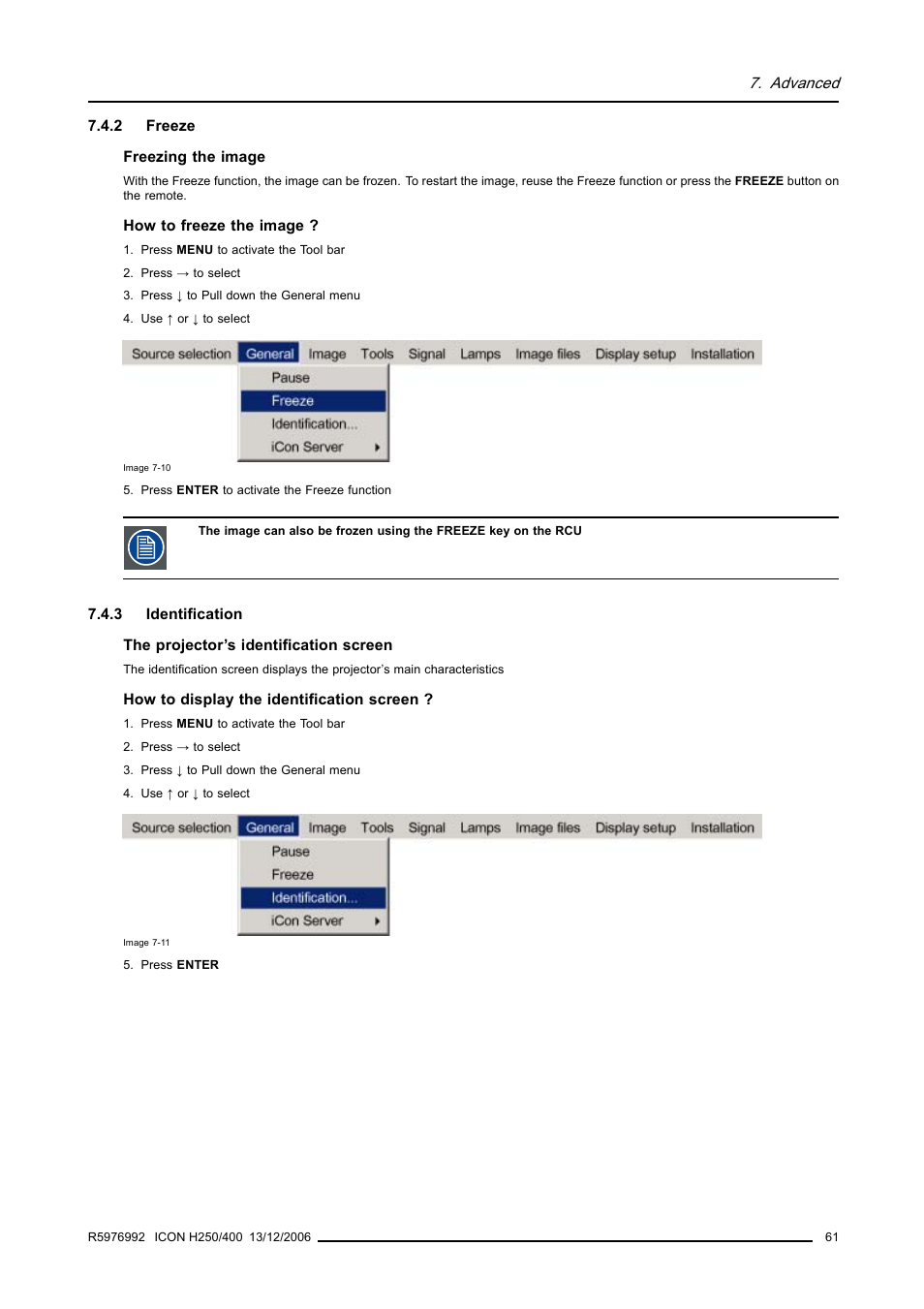 2 freeze, 3 identification, Freeze | Identification | Barco ICON H250/400 R9010510 User Manual | Page 67 / 154
