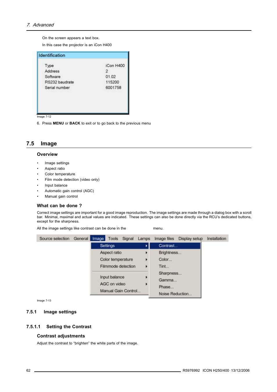 5 image, 1 image settings, 1 setting the contrast | Image, Image settings, Setting the contrast | Barco ICON H250/400 R9010510 User Manual | Page 68 / 154