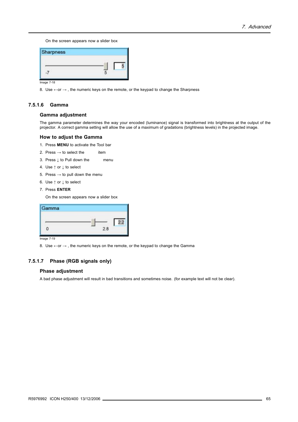 6 gamma, 7 phase (rgb signals only), Gamma | Phase (rgb signals only) | Barco ICON H250/400 R9010510 User Manual | Page 71 / 154