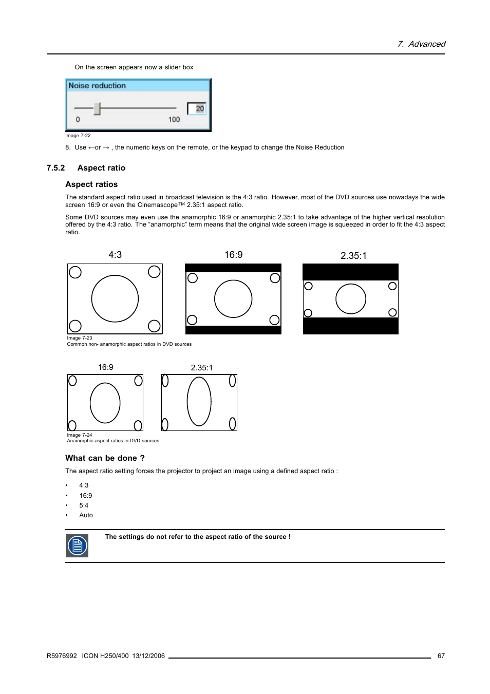 2 aspect ratio, Aspect ratio | Barco ICON H250/400 R9010510 User Manual | Page 73 / 154