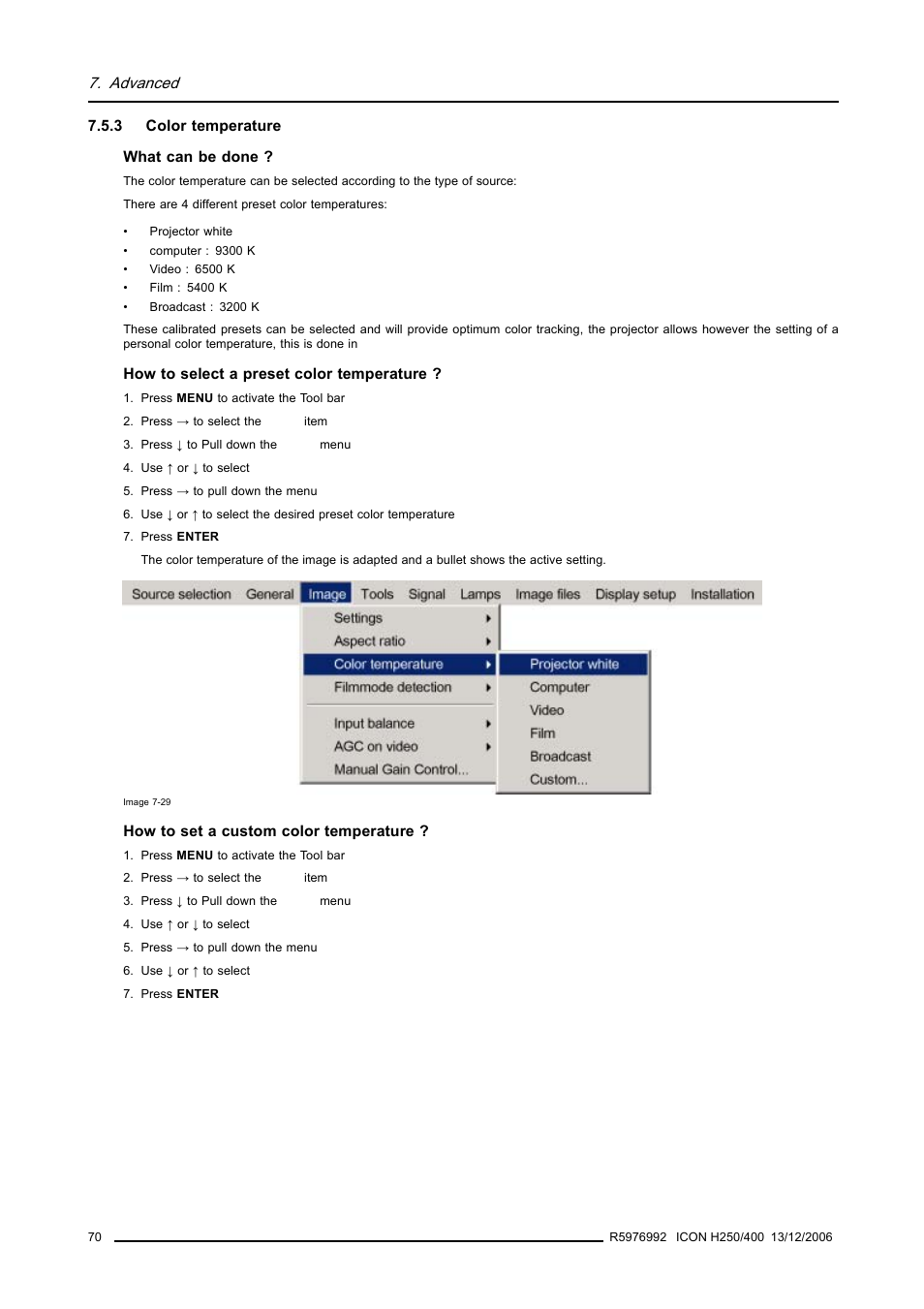 3 color temperature, Color temperature, Advanced | Barco ICON H250/400 R9010510 User Manual | Page 76 / 154