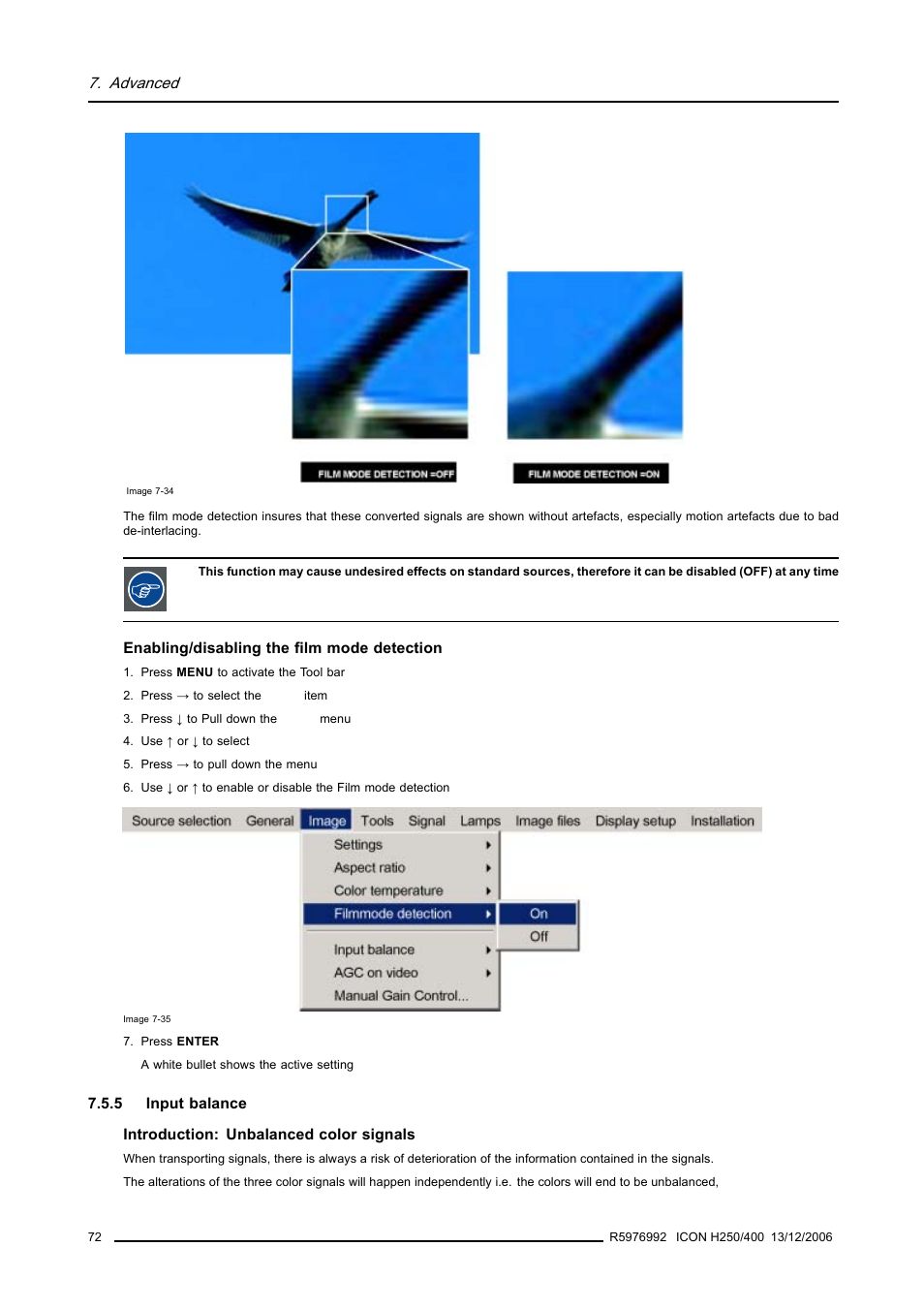 5 input balance, Input balance, Advanced | Barco ICON H250/400 R9010510 User Manual | Page 78 / 154