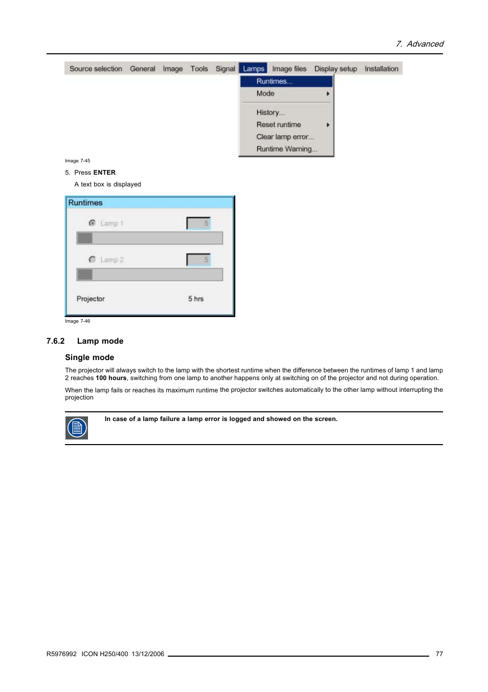 2 lamp mode, Lamp mode, Advanced | Barco ICON H250/400 R9010510 User Manual | Page 83 / 154
