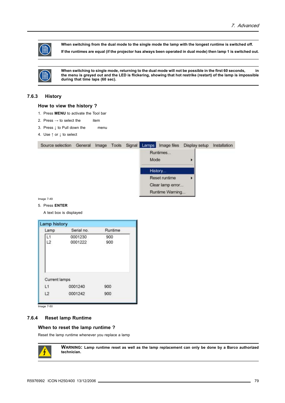 3 history, 4 reset lamp runtime, History | Reset lamp runtime | Barco ICON H250/400 R9010510 User Manual | Page 85 / 154