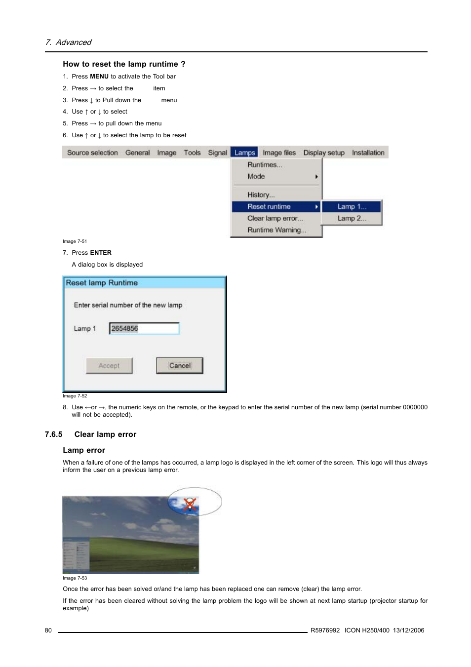 5 clear lamp error, Clear lamp error, Advanced | Barco ICON H250/400 R9010510 User Manual | Page 86 / 154