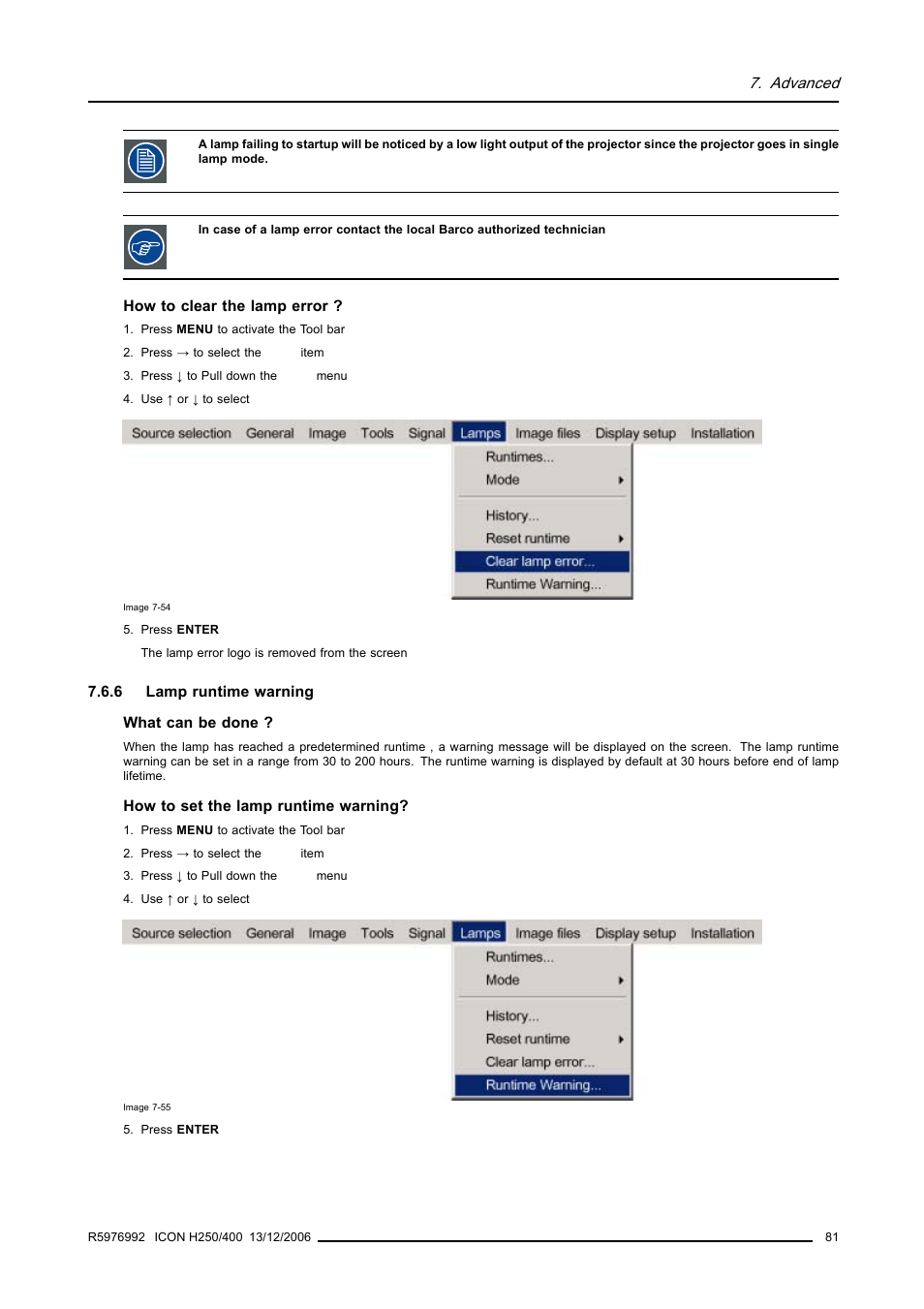 6 lamp runtime warning, Lamp runtime warning, Advanced | Barco ICON H250/400 R9010510 User Manual | Page 87 / 154
