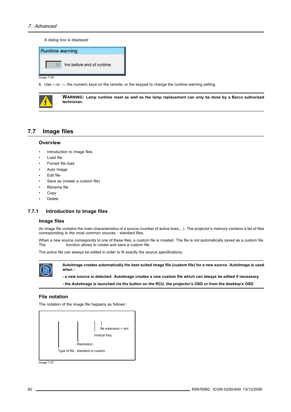 7 image files, 1 introduction to image files, Image files | Introduction to image files | Barco ICON H250/400 R9010510 User Manual | Page 88 / 154