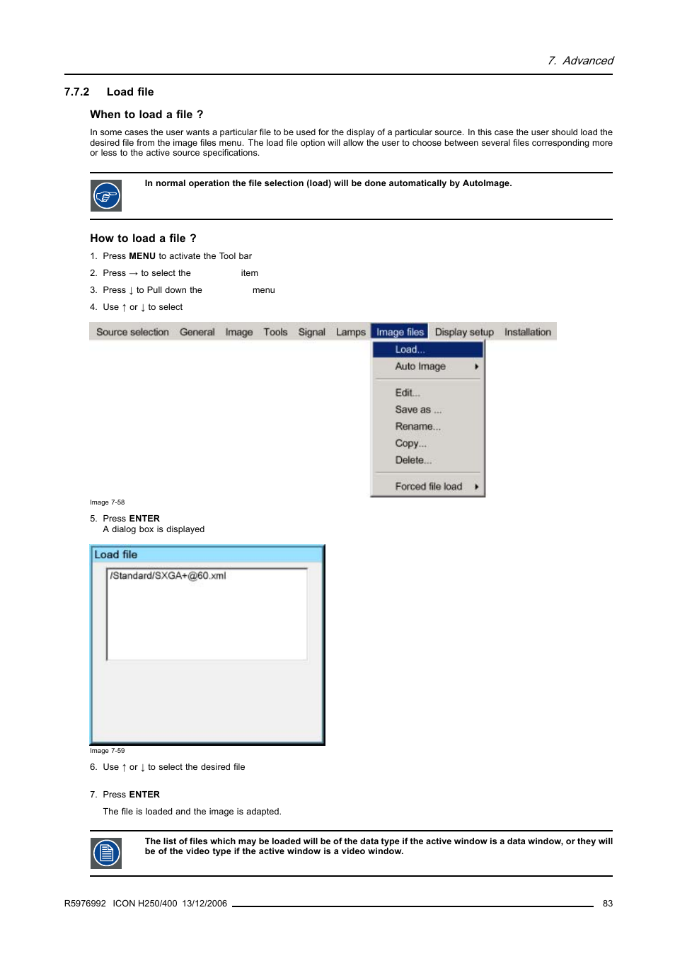 2 load file, Load file, Advanced | Barco ICON H250/400 R9010510 User Manual | Page 89 / 154
