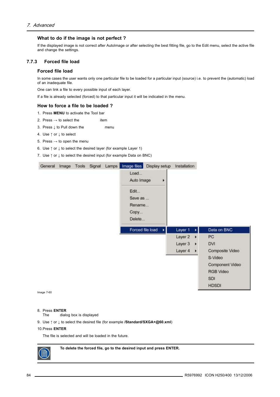 3 forced file load, Forced file load, Advanced | Barco ICON H250/400 R9010510 User Manual | Page 90 / 154