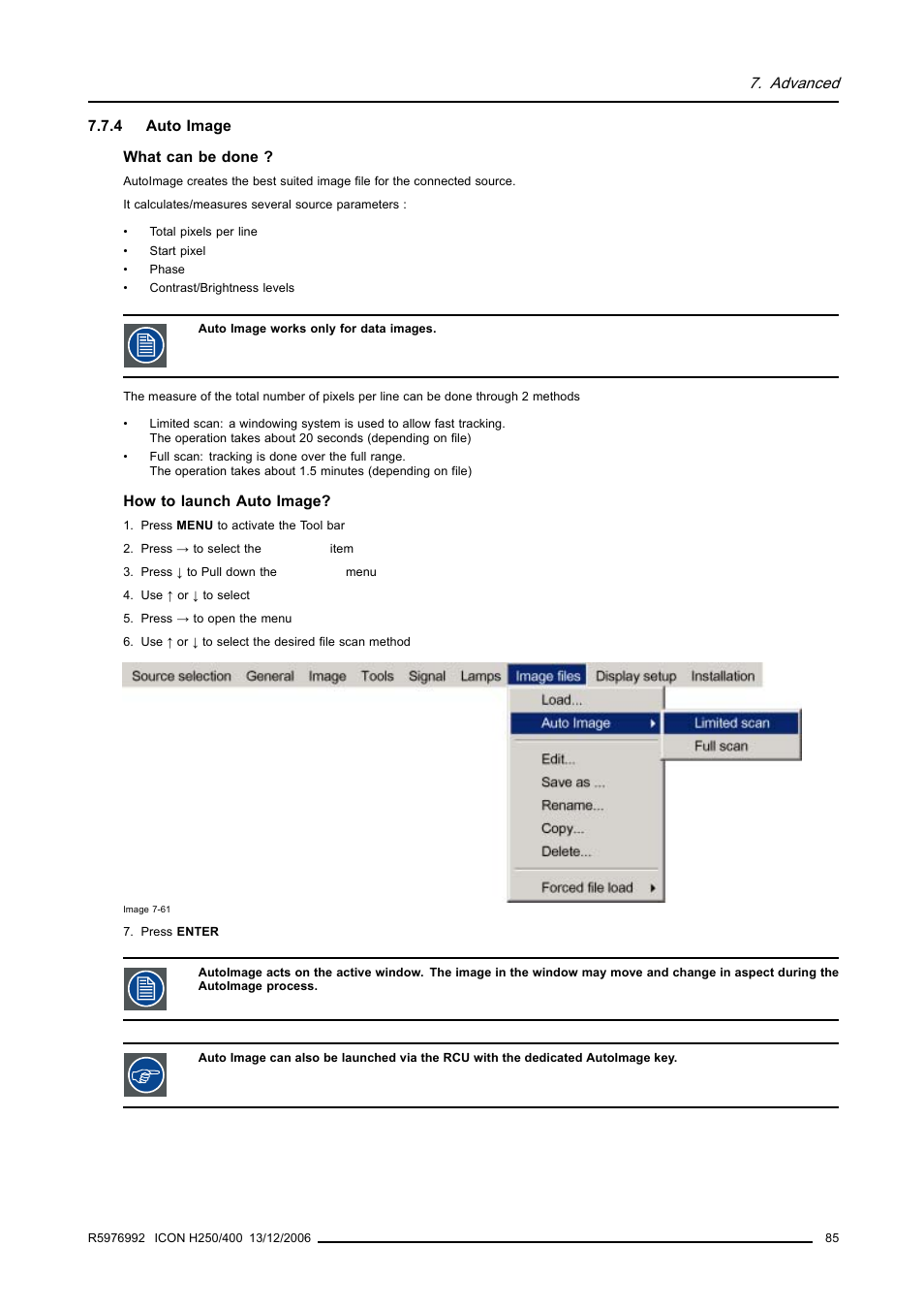 4 auto image, Auto image, Advanced | Barco ICON H250/400 R9010510 User Manual | Page 91 / 154