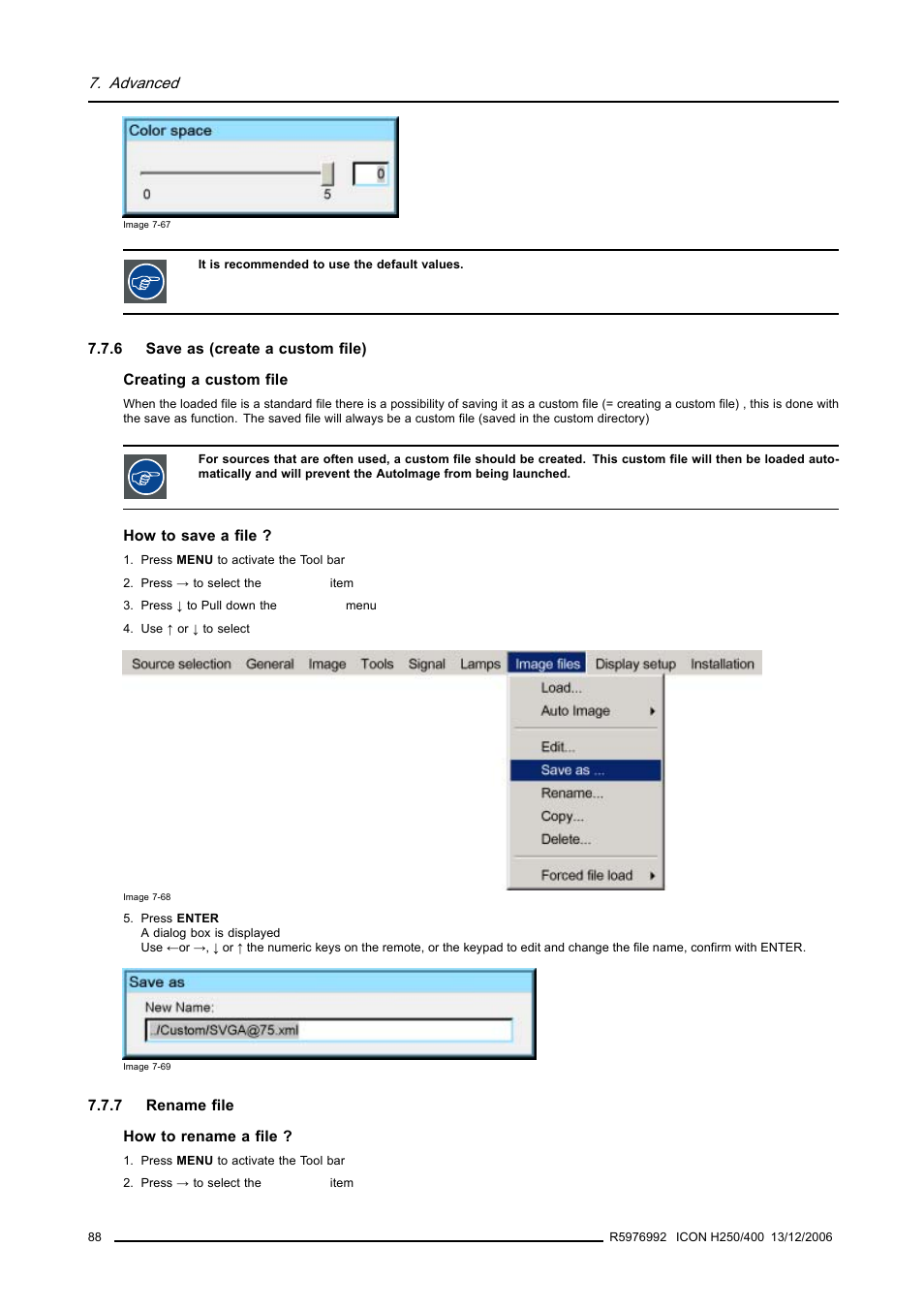 6 save as (create a custom file), 7 rename file, Save as (create a custom file) | Rename file | Barco ICON H250/400 R9010510 User Manual | Page 94 / 154