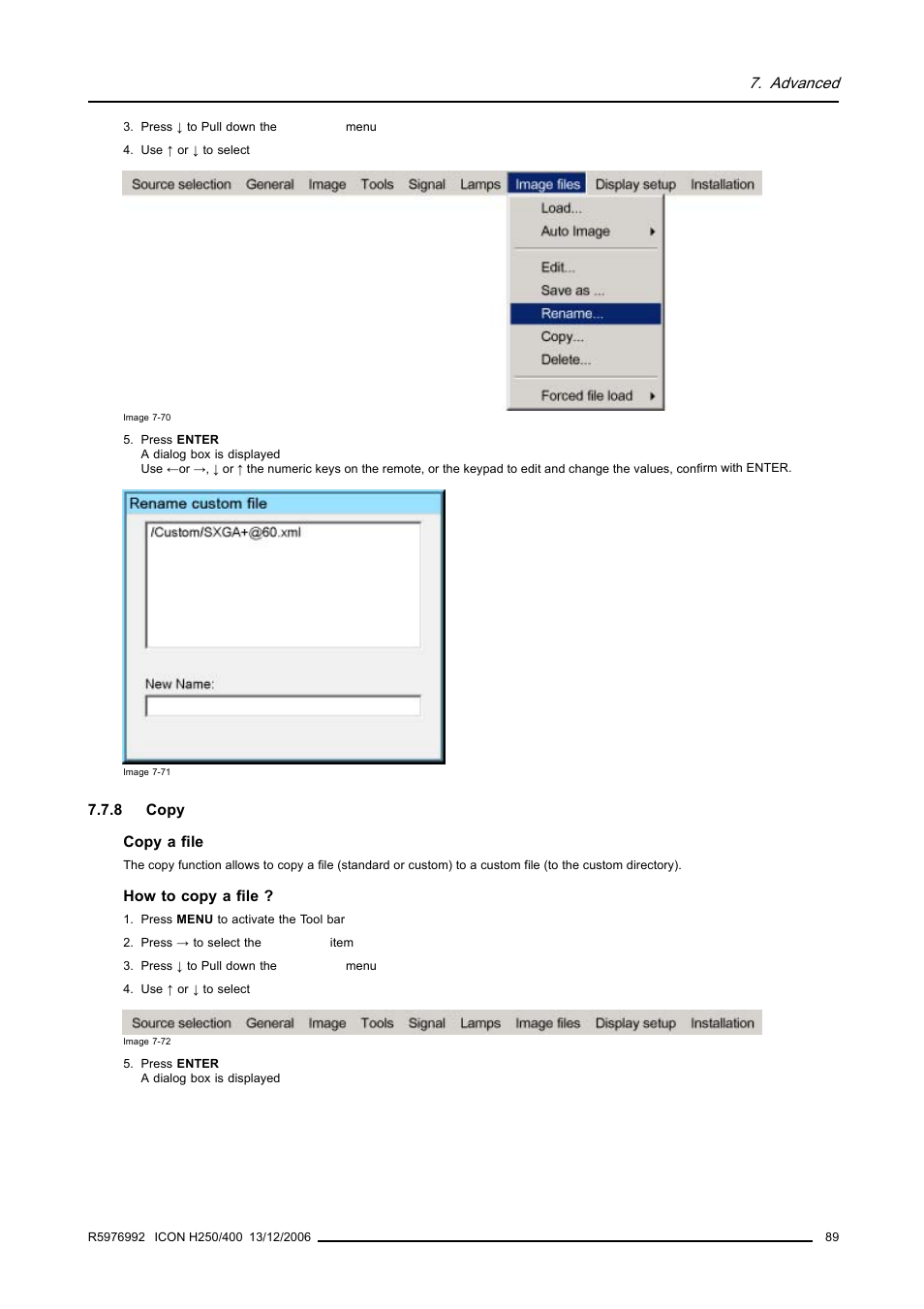 8 copy, Copy, Advanced | Barco ICON H250/400 R9010510 User Manual | Page 95 / 154