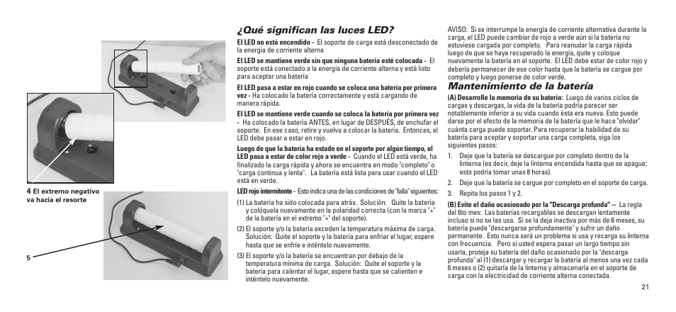 Qué significan las luces led, Mantenimiento de la batería | Maglite ML125-33014 User Manual | Page 22 / 26