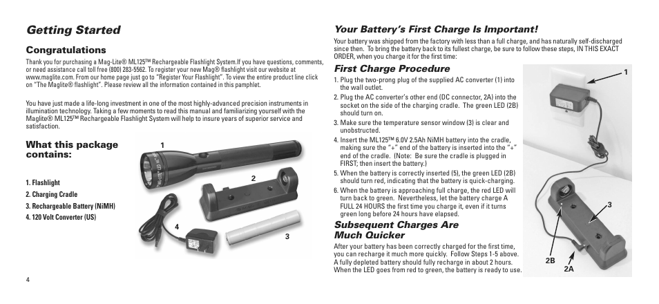 Getting started, What this package contains, Your battery’s first charge is important | First charge procedure, Subsequent charges are much quicker | Maglite ML125-33014 User Manual | Page 5 / 26