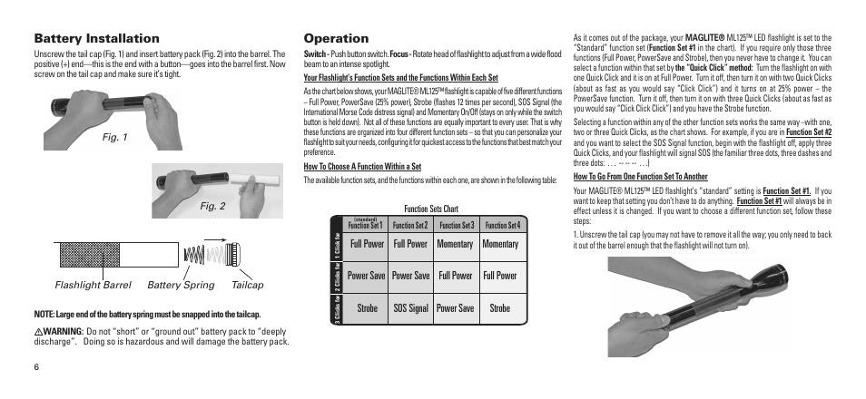 Battery installation, Operation | Maglite ML125-33014 User Manual | Page 7 / 26