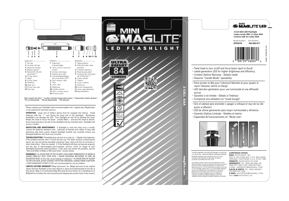Maglite Mini MAGLITE® LED 2-Cell AAA Flashlight User Manual | 2 pages