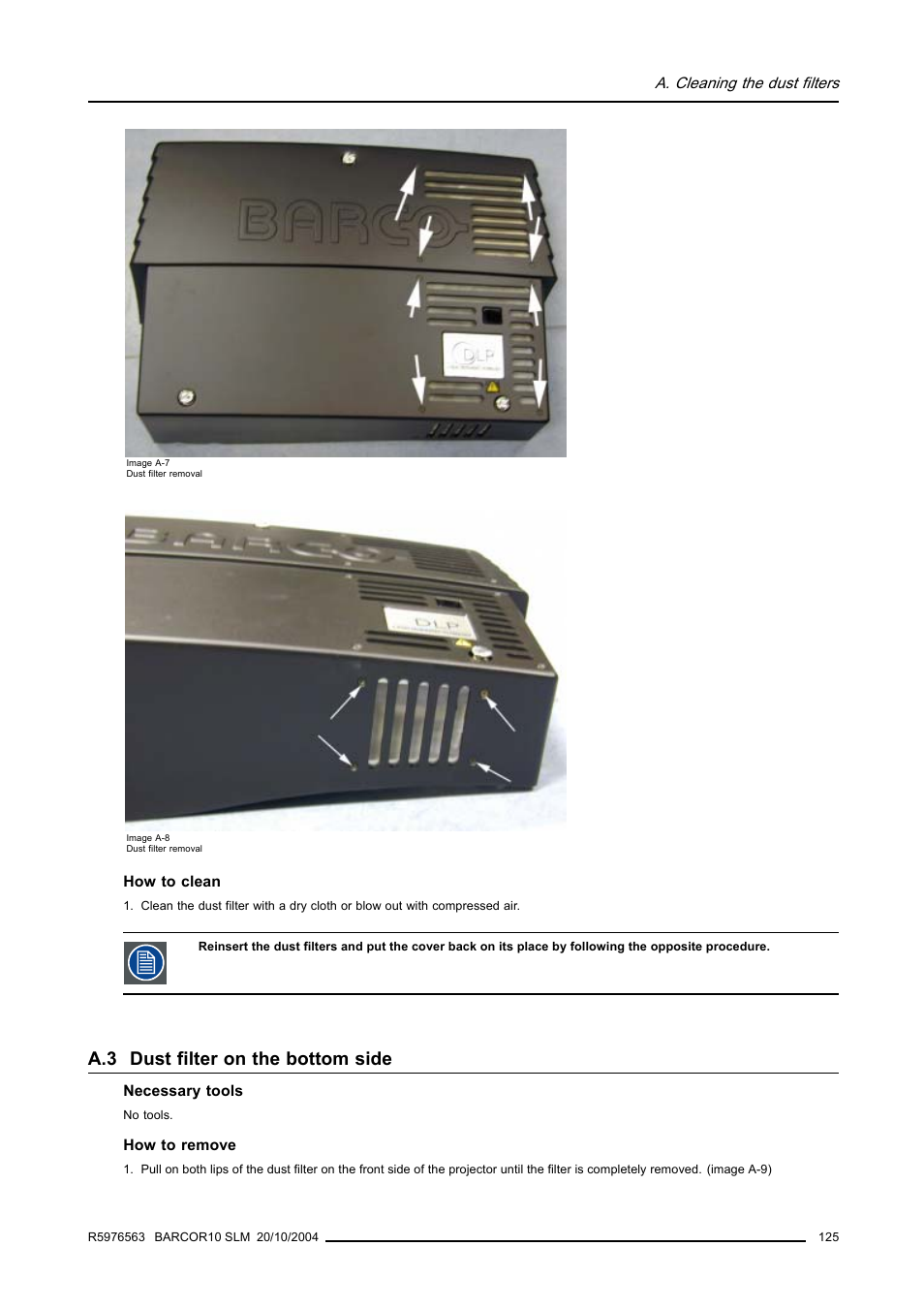 A.3 dust filter on the bottom side | Barco R9010010 User Manual | Page 129 / 137