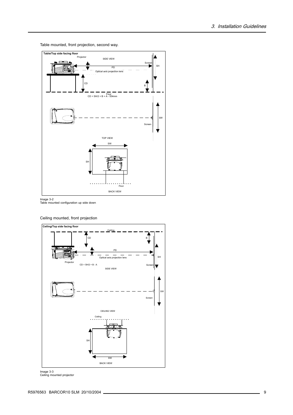 Installation guidelines, Table mounted, front projection, second way, Ceiling mounted, front projection | Barco R9010010 User Manual | Page 13 / 137