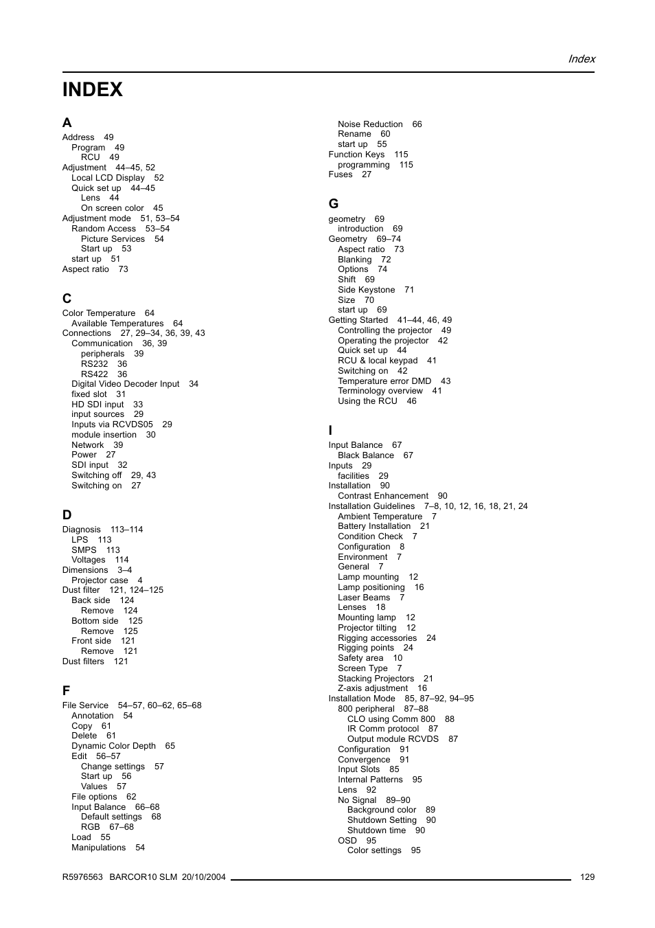 Index | Barco R9010010 User Manual | Page 133 / 137