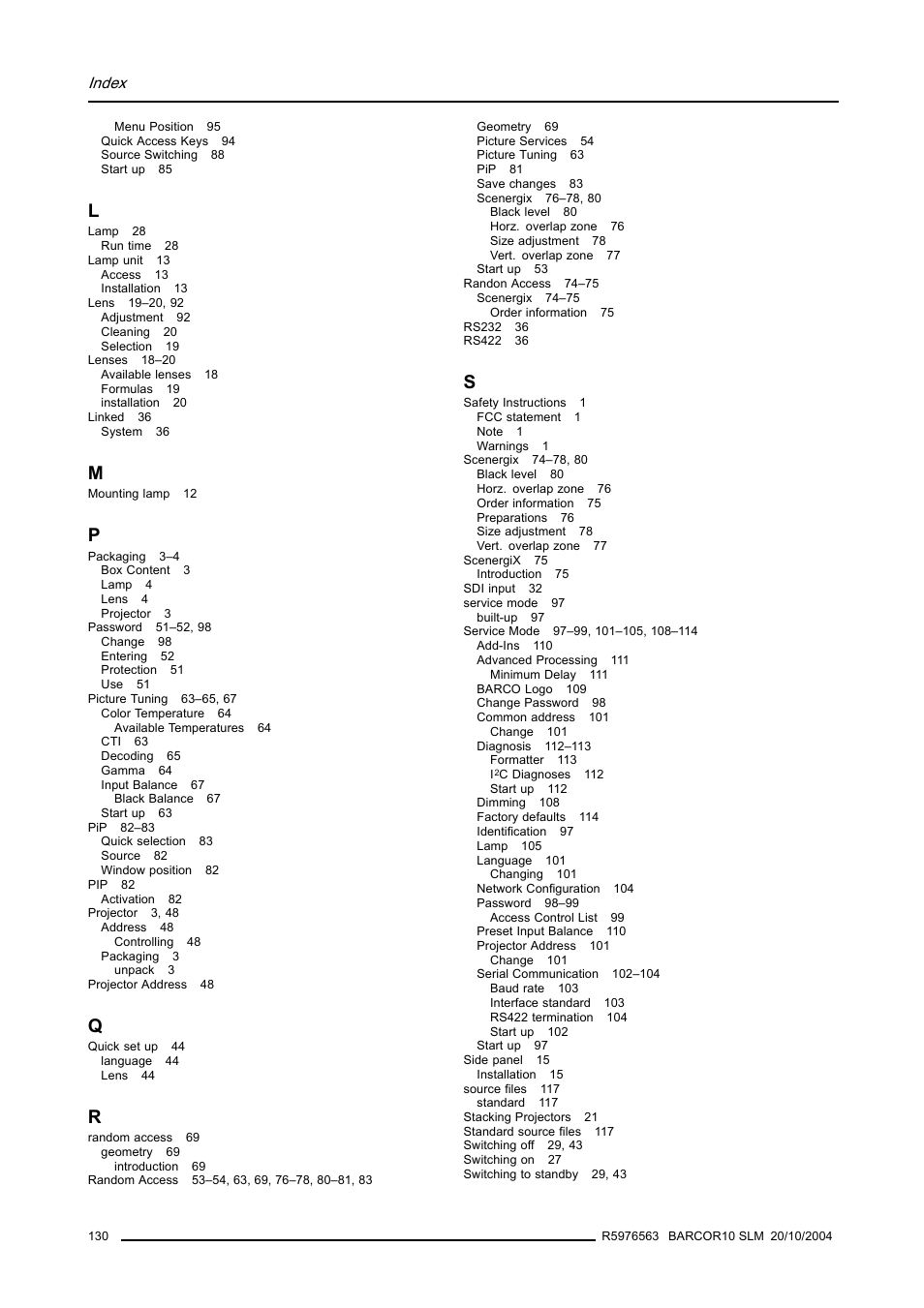 Index | Barco R9010010 User Manual | Page 134 / 137