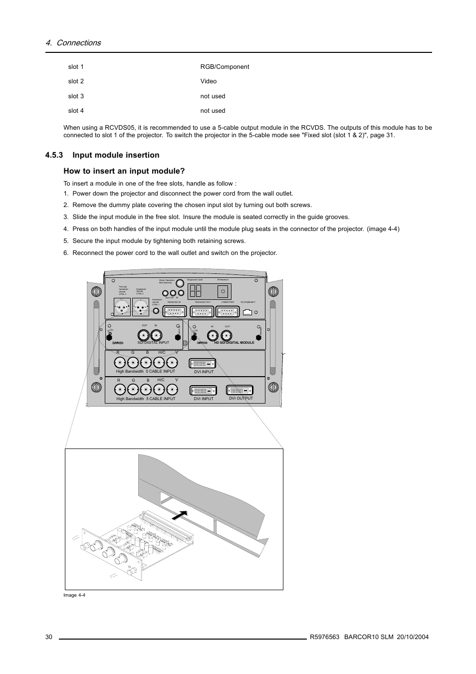 3 input module insertion, Connections | Barco R9010010 User Manual | Page 34 / 137
