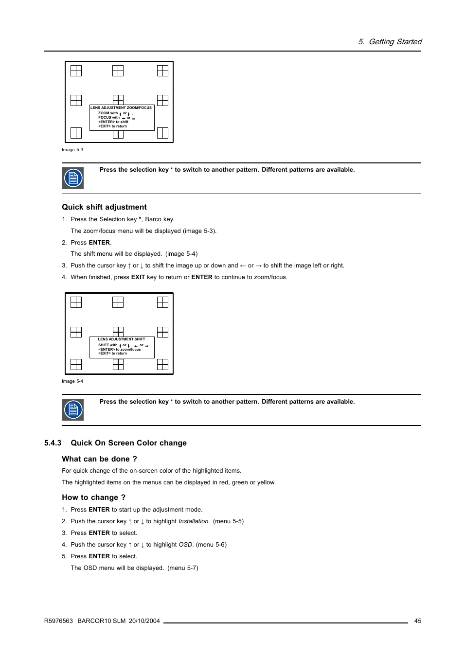 3 quick on screen color change, Quick on screen color change, Image 5-3) | Getting started | Barco R9010010 User Manual | Page 49 / 137