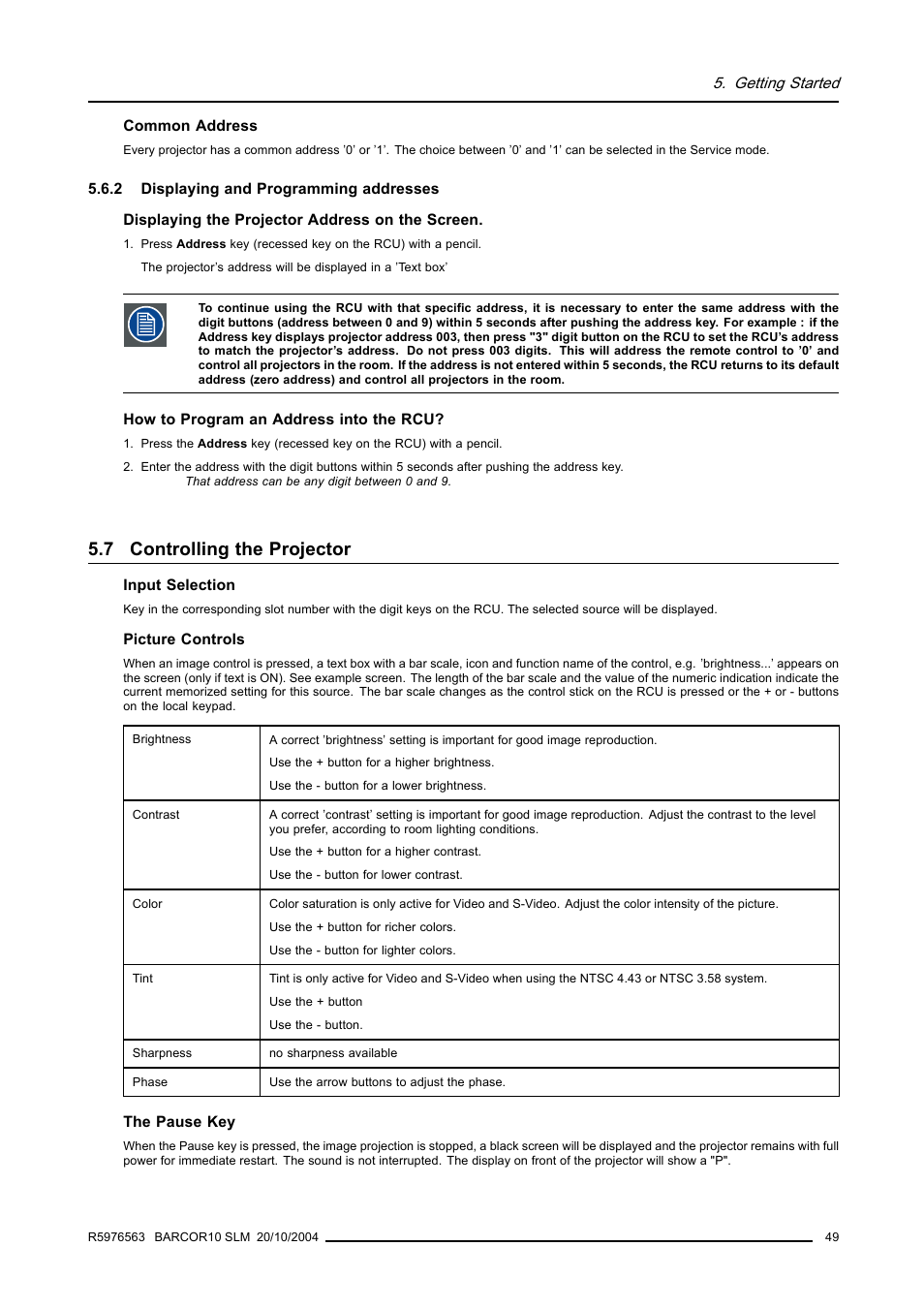 2 displaying and programming addresses, 7 controlling the projector | Barco R9010010 User Manual | Page 53 / 137