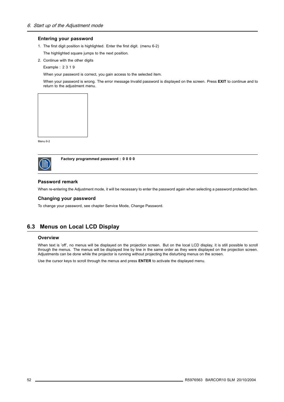 3 menus on local lcd display, Start up of the adjustment mode | Barco R9010010 User Manual | Page 56 / 137