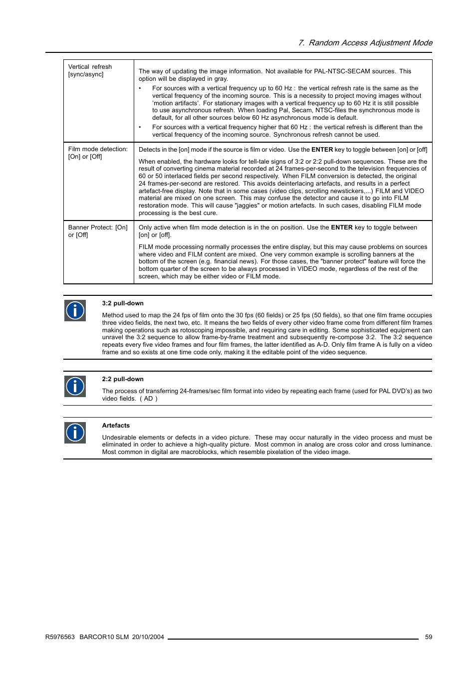 Random access adjustment mode | Barco R9010010 User Manual | Page 63 / 137