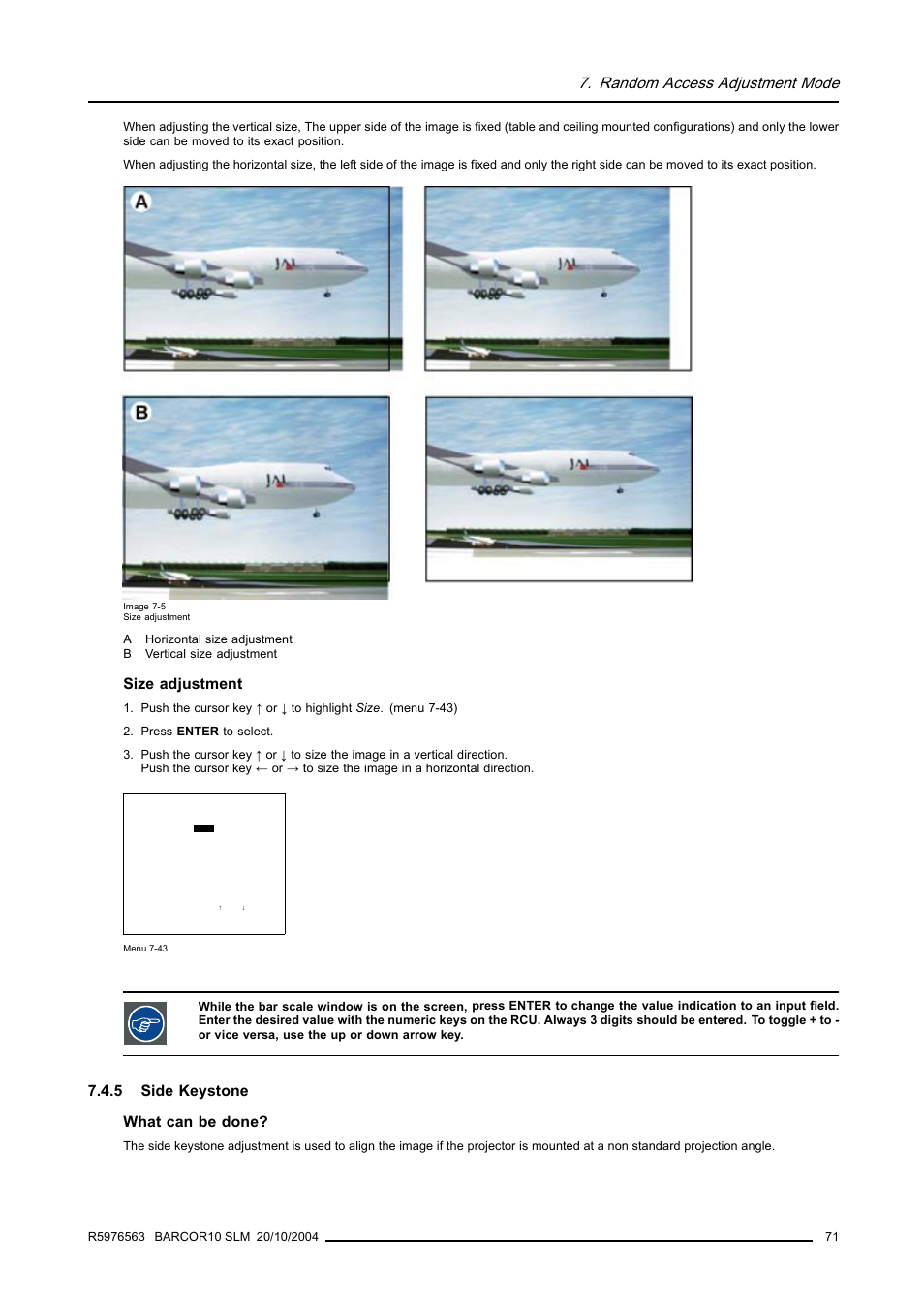 5 side keystone, Side keystone, Random access adjustment mode | Size adjustment, 5 side keystone what can be done | Barco R9010010 User Manual | Page 75 / 137