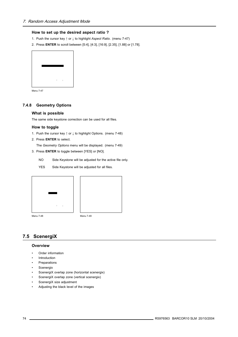 8 geometry options, 5 scenergix, Scenergix | Geometry options, Random access adjustment mode, How to set up the desired aspect ratio, 8 geometry options what is possible, How to toggle, Overview | Barco R9010010 User Manual | Page 78 / 137