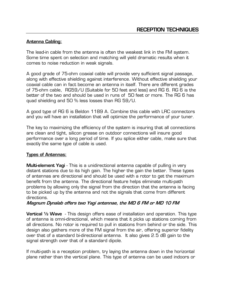 Antenna cabling, Reception techniques 12 | Magnum Dynalab MD-109 User Manual | Page 12 / 19