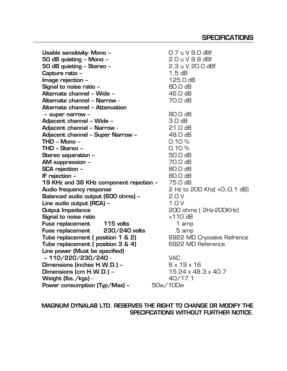 Specifications, Usable sensitivity- mono – 0.7 u v 9.0 dbf, Specifications 17 | Magnum Dynalab MD-109 User Manual | Page 17 / 19